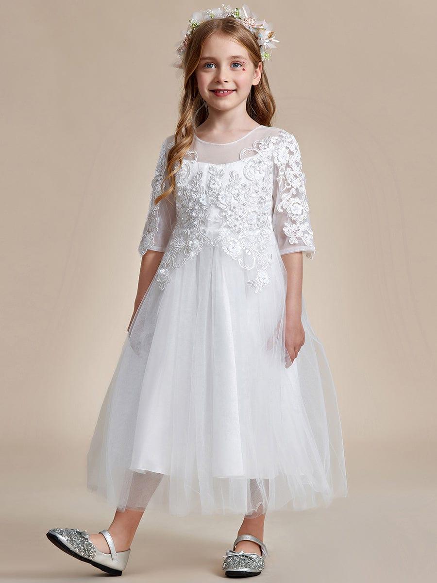 SOLORA|Flower Girl Dress in embroidered lace and tulle with mid-length sleeves
