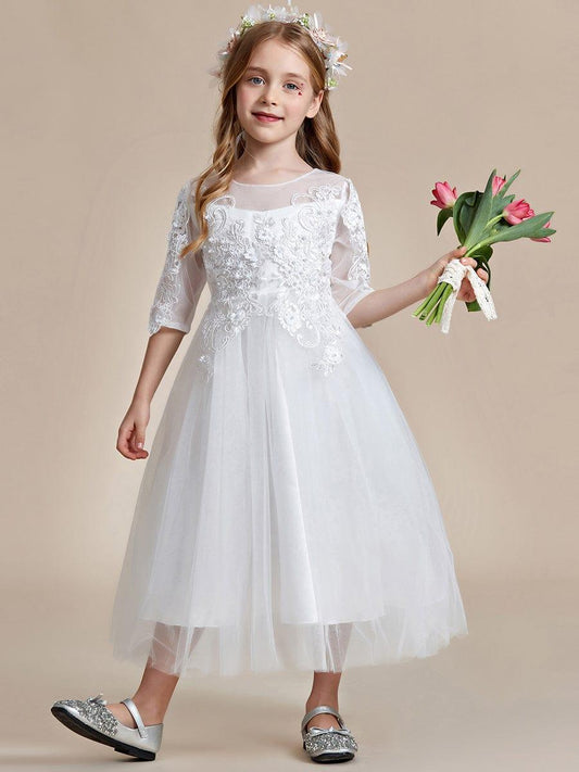 SOLORA|Flower Girl Dress in embroidered lace and tulle with mid-length sleeves