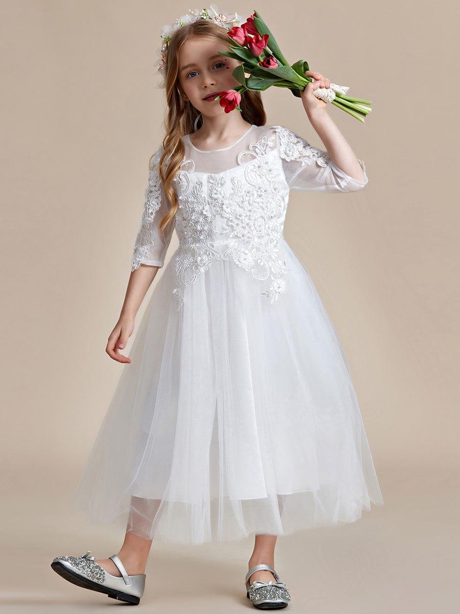 SOLORA|Flower Girl Dress in embroidered lace and tulle with mid-length sleeves