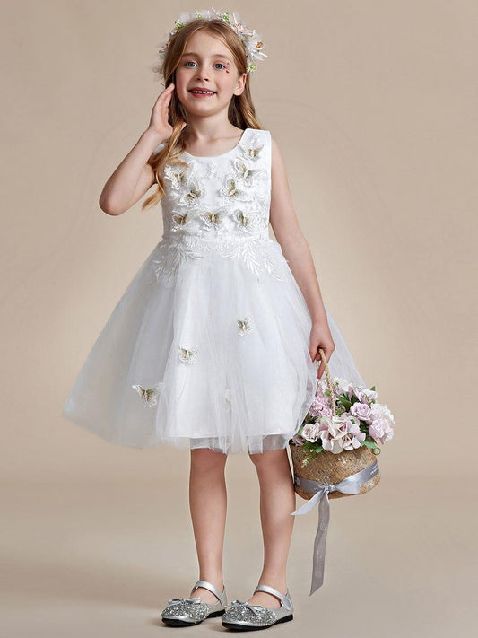 THALIA|Butterfly Embroidered Sleeveless Tulle Flower Girl Dress