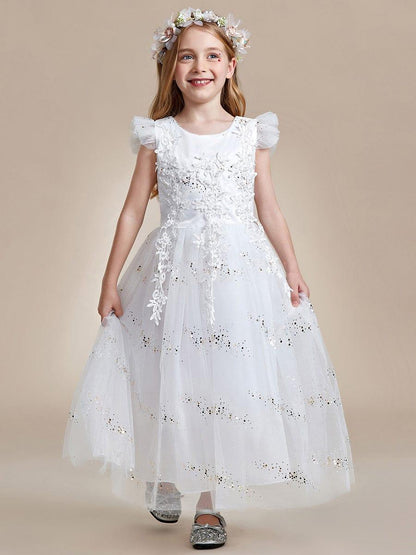 ARISTA|Lace Applique Flutter Sleeves Sparkle Princess Flower Girl Dress