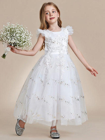 ARISTA|Lace Applique Flutter Sleeves Sparkle Princess Flower Girl Dress