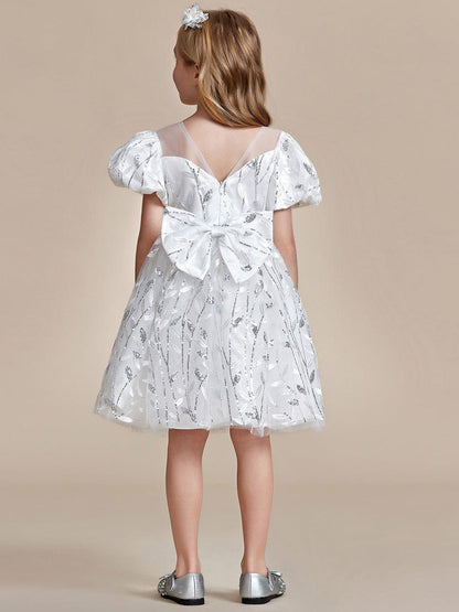 FLORRIE|Sparkling Puffy Sleeves Leaf Sequin A-line Flower Girl Dress