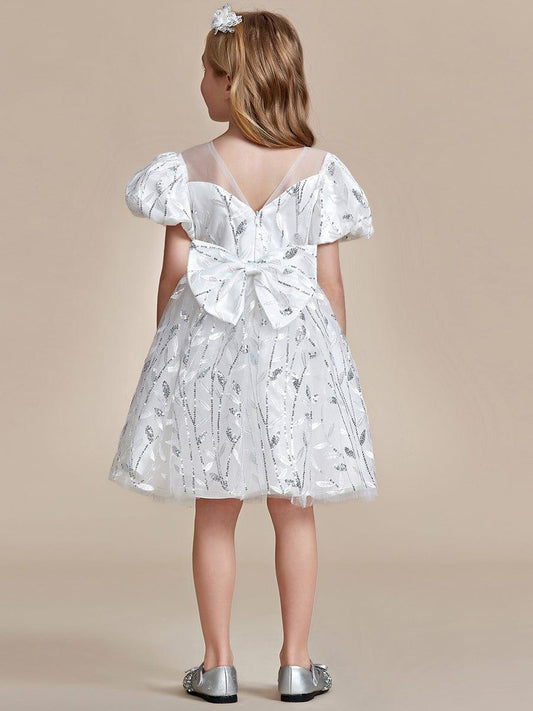 FLORRIE|Sparkling Puffy Sleeves Leaf Sequin A-line Flower Girl Dress