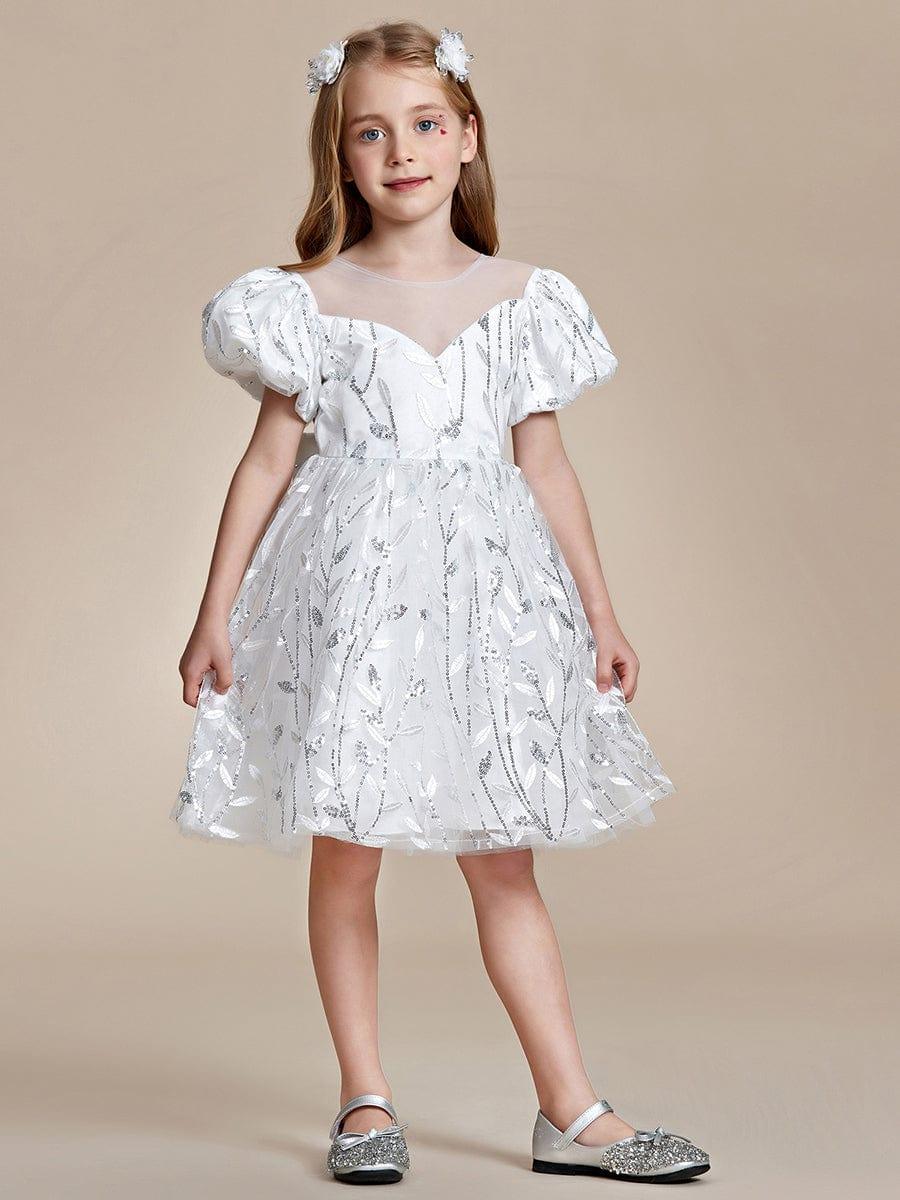 FLORRIE|Sparkling Puffy Sleeves Leaf Sequin A-line Flower Girl Dress