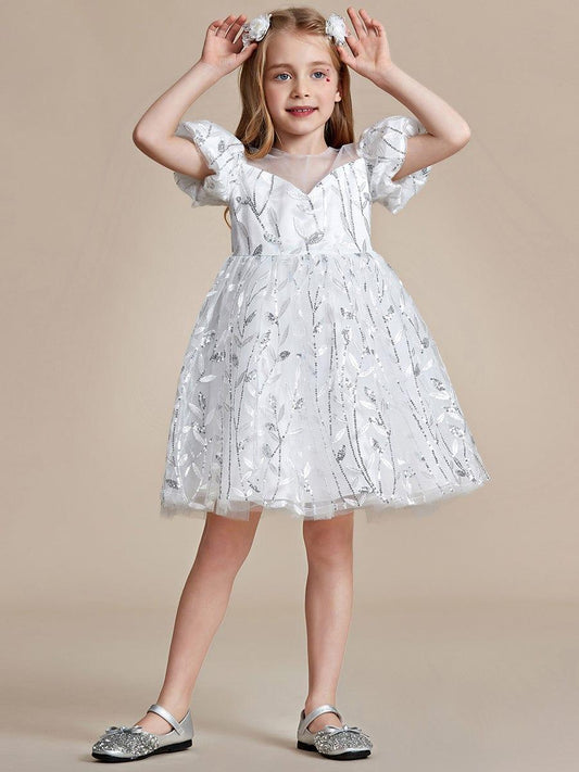 FLORRIE|Sparkling Puffy Sleeves Leaf Sequin A-line Flower Girl Dress