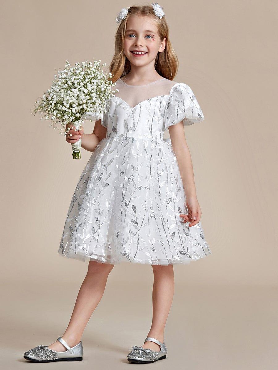FLORRIE|Sparkling Puffy Sleeves Leaf Sequin A-line Flower Girl Dress