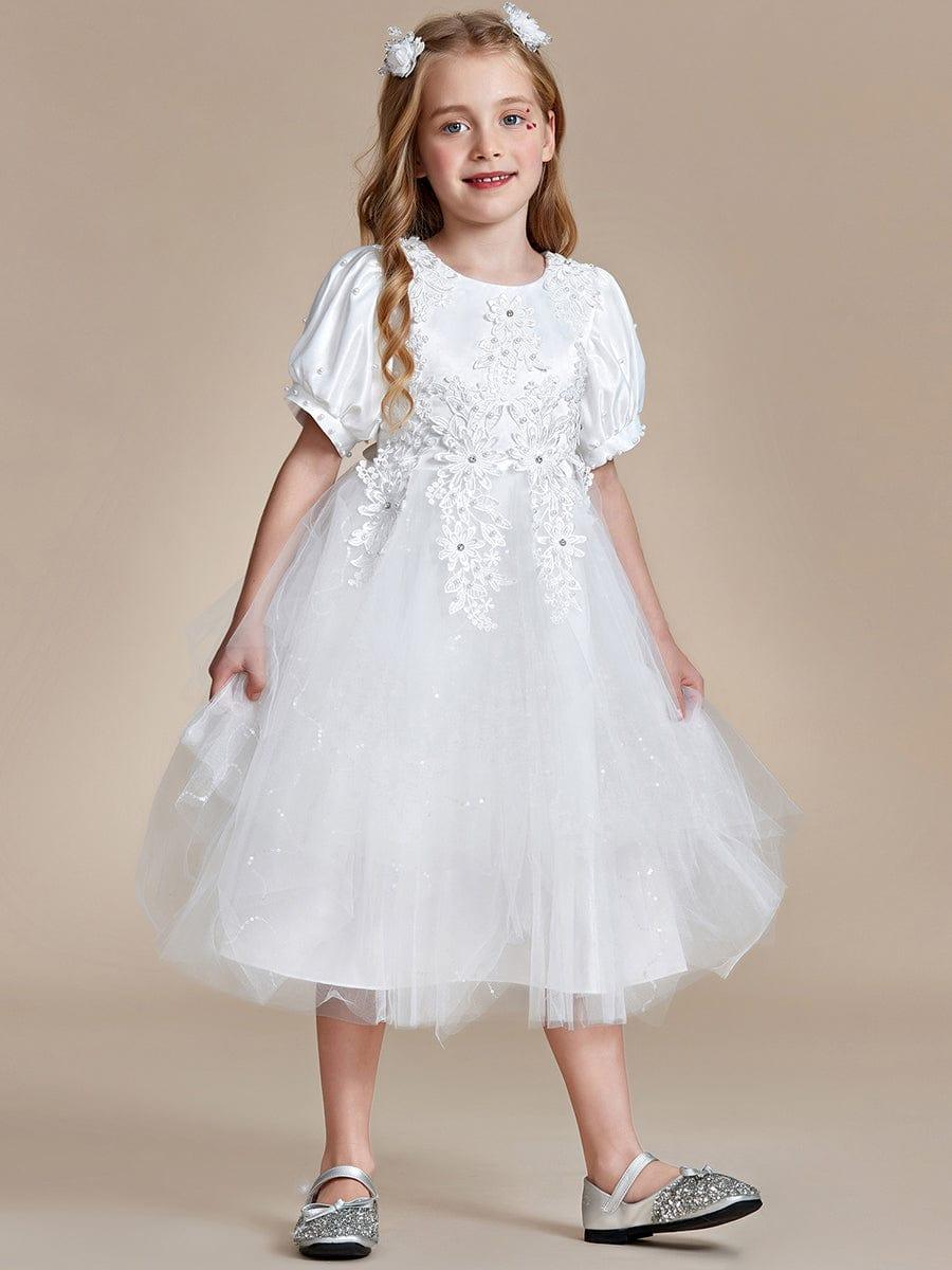 SNOWE|Satin Floral Applique Puff Sleeves Tulle Flower Girl Dress
