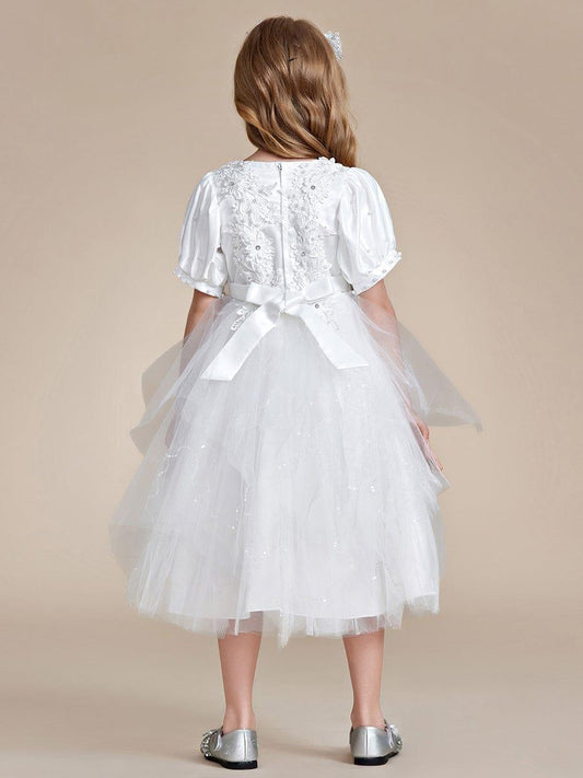 SNOWE|Satin Floral Applique Puff Sleeves Tulle Flower Girl Dress