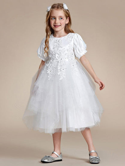SNOWE|Satin Floral Applique Puff Sleeves Tulle Flower Girl Dress