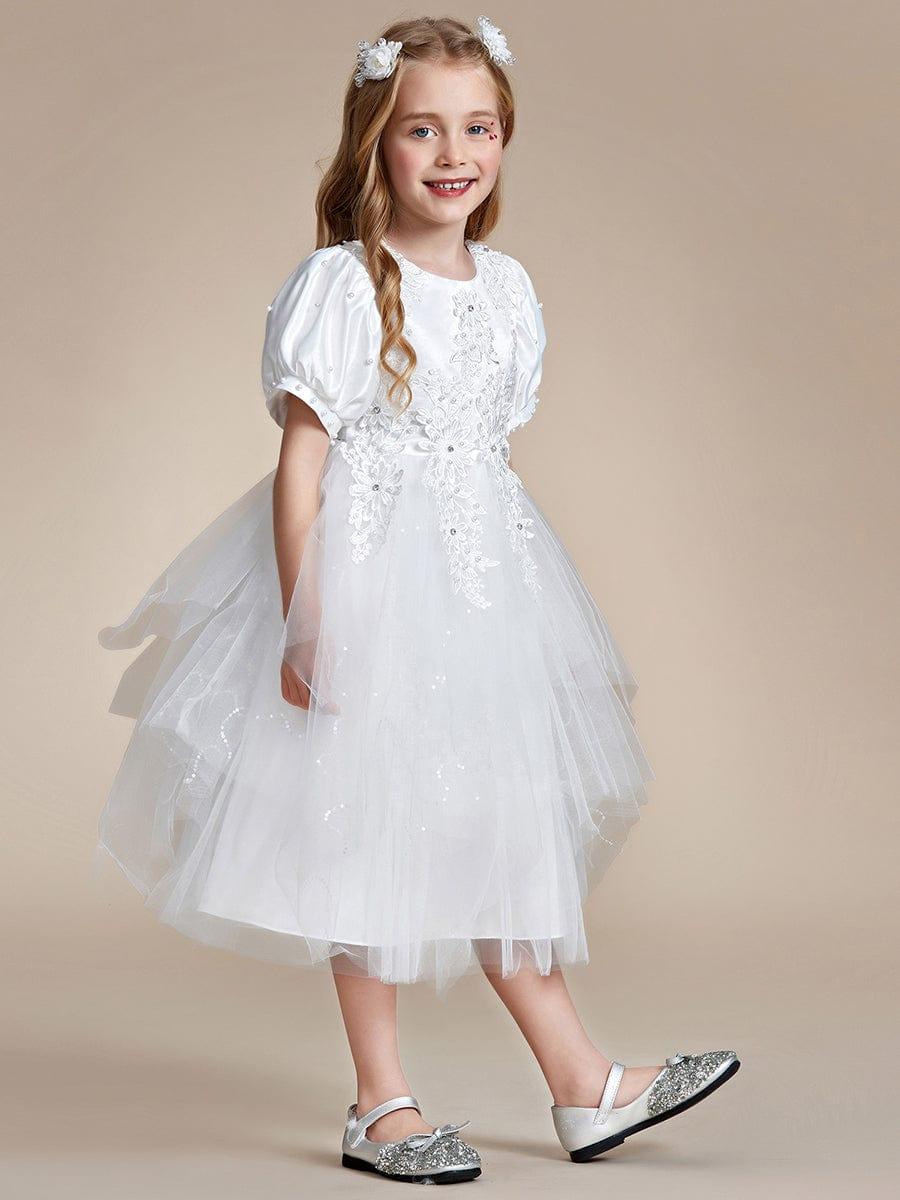SNOWE|Satin Floral Applique Puff Sleeves Tulle Flower Girl Dress