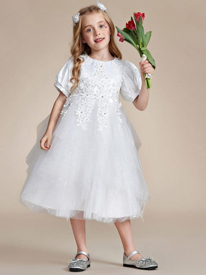 SNOWE|Satin Floral Applique Puff Sleeves Tulle Flower Girl Dress