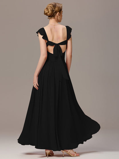 ever ELARA|Back-Tie Pleated Ruffles Sleeves Maxi Bridesmaid Dress