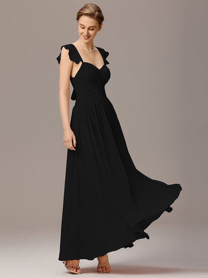 ever ELARA|Back-Tie Pleated Ruffles Sleeves Maxi Bridesmaid Dress