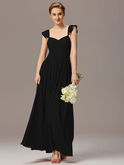 ever ELARA|Back-Tie Pleated Ruffles Sleeves Maxi Bridesmaid Dress