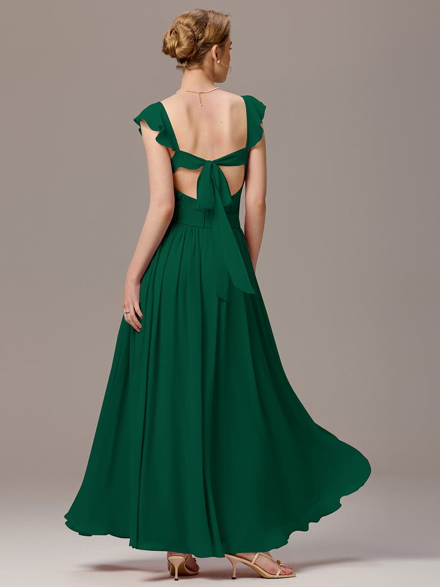 ever ELARA|Back-Tie Pleated Ruffles Sleeves Maxi Bridesmaid Dress