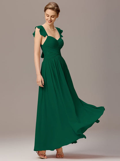 ever ELARA|Back-Tie Pleated Ruffles Sleeves Maxi Bridesmaid Dress