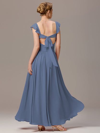 ever ELARA|Back-Tie Pleated Ruffles Sleeves Maxi Bridesmaid Dress