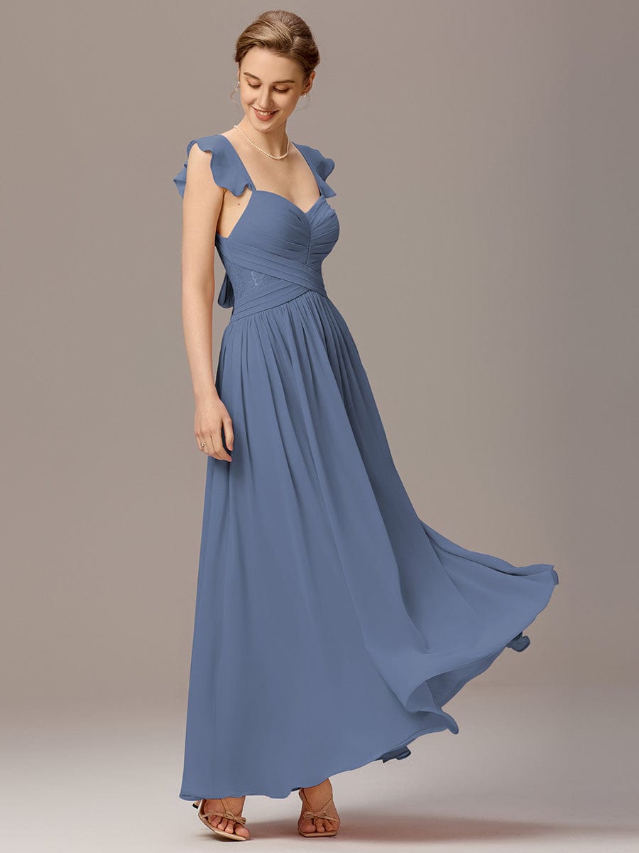 ever ELARA|Back-Tie Pleated Ruffles Sleeves Maxi Bridesmaid Dress