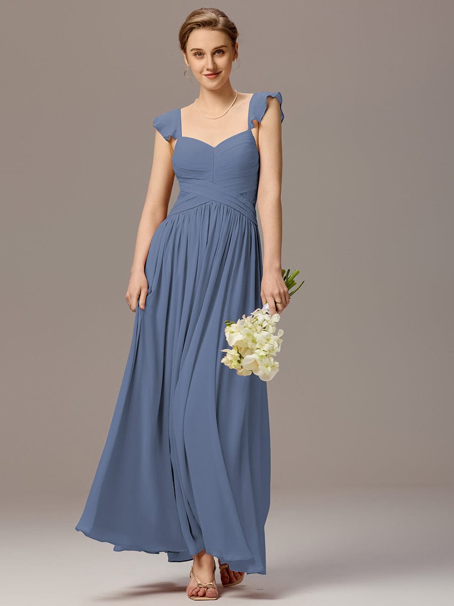 ever ELARA|Back-Tie Pleated Ruffles Sleeves Maxi Bridesmaid Dress