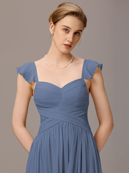 ever ELARA|Back-Tie Pleated Ruffles Sleeves Maxi Bridesmaid Dress
