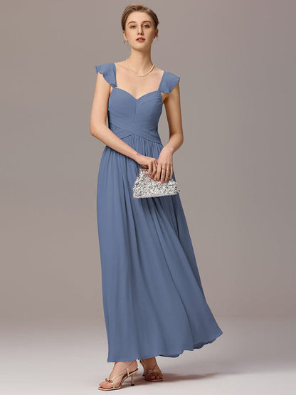 ever ELARA|Back-Tie Pleated Ruffles Sleeves Maxi Bridesmaid Dress
