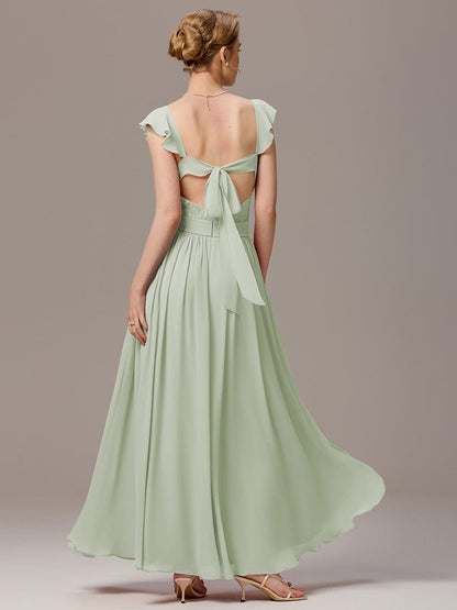 ever ELARA|Back-Tie Pleated Ruffles Sleeves Maxi Bridesmaid Dress