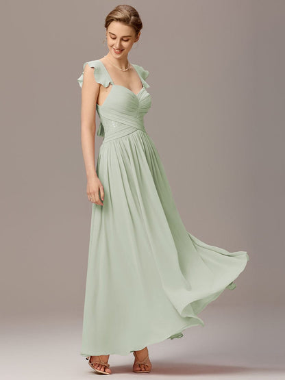 ever ELARA|Back-Tie Pleated Ruffles Sleeves Maxi Bridesmaid Dress