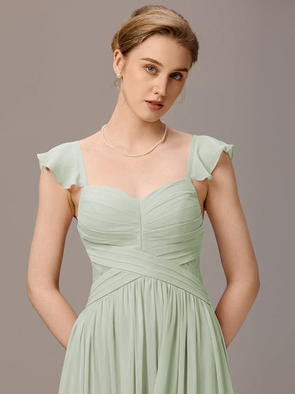 ever ELARA|Back-Tie Pleated Ruffles Sleeves Maxi Bridesmaid Dress