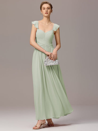 ever ELARA|Back-Tie Pleated Ruffles Sleeves Maxi Bridesmaid Dress