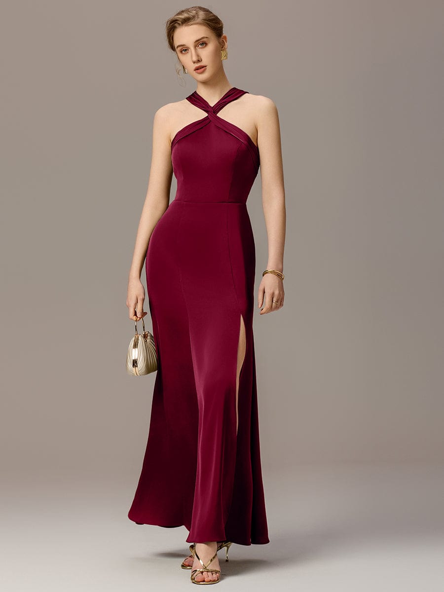 ever SELENE|Satin Cross Halter Sleeveless Maxi Bridesmaid Dress