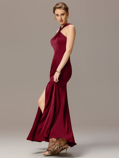 ever SELENE|Satin Cross Halter Sleeveless Maxi Bridesmaid Dress