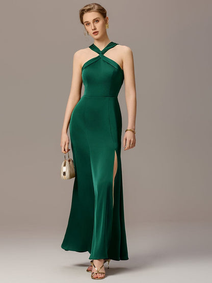 ever SELENE|Satin Cross Halter Sleeveless Maxi Bridesmaid Dress