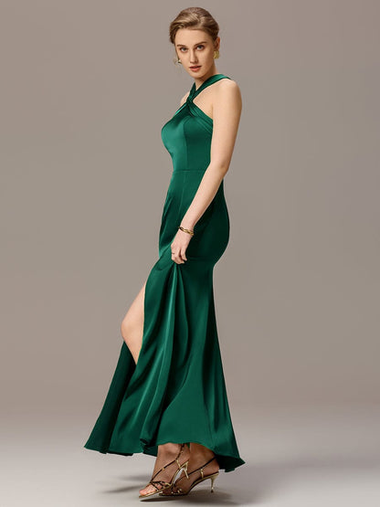 ever SELENE|Satin Cross Halter Sleeveless Maxi Bridesmaid Dress