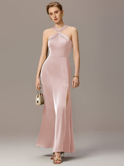 ever SELENE|Satin Cross Halter Sleeveless Maxi Bridesmaid Dress