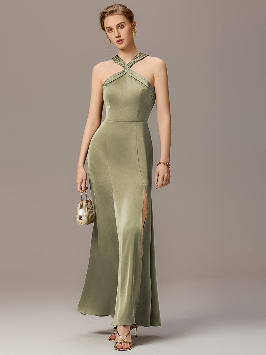 ever SELENE|Satin Cross Halter Sleeveless Maxi Bridesmaid Dress