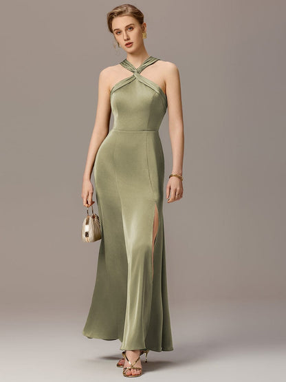 ever SELENE|Satin Cross Halter Sleeveless Maxi Bridesmaid Dress