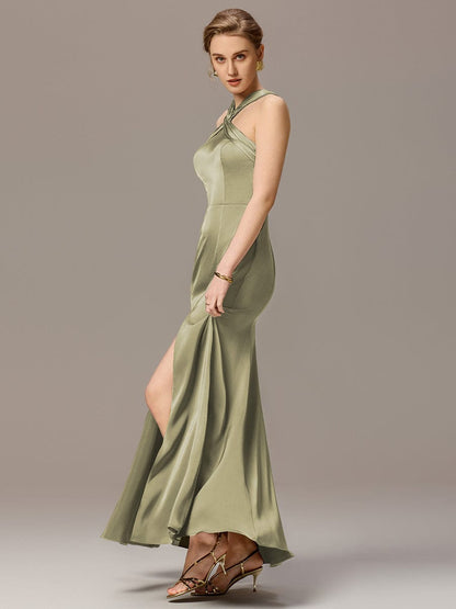 ever SELENE|Satin Cross Halter Sleeveless Maxi Bridesmaid Dress