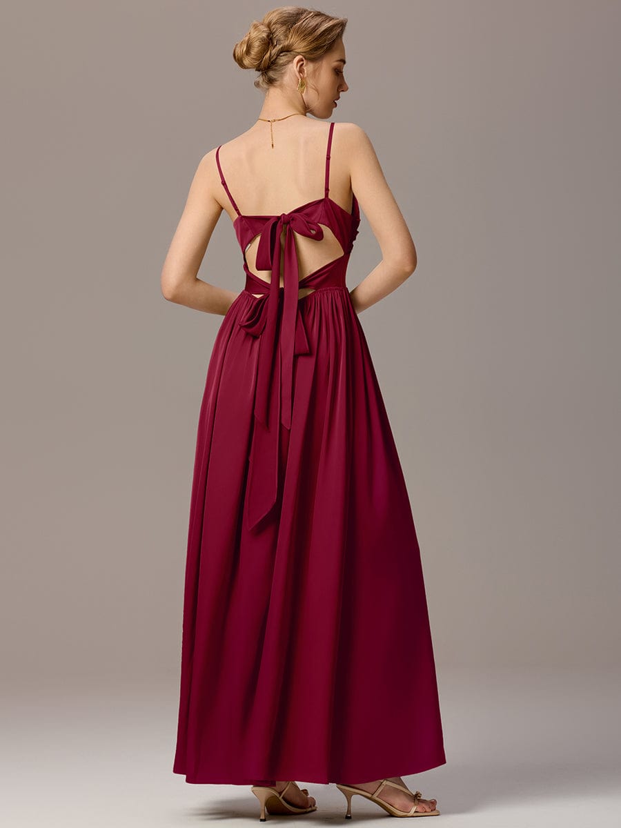 ever VERA|Satin Pleated Back-Tie Sleeveless Maxi Bridesmaid Dress