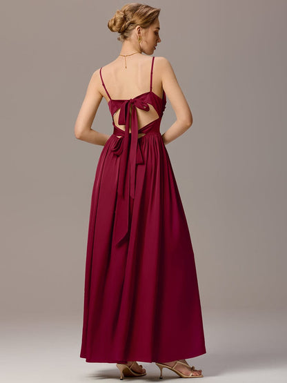 ever VERA|Satin Pleated Back-Tie Sleeveless Maxi Bridesmaid Dress