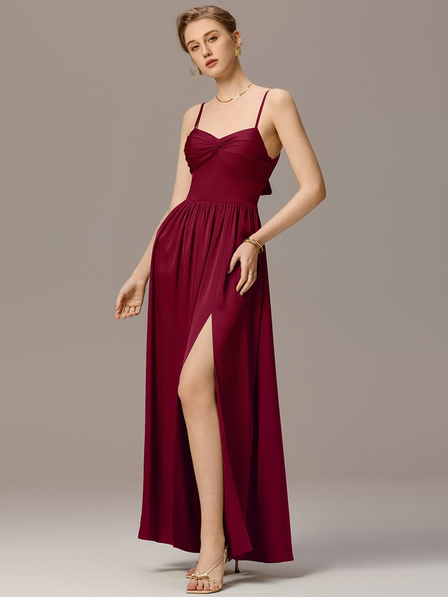 ever VERA|Satin Pleated Back-Tie Sleeveless Maxi Bridesmaid Dress
