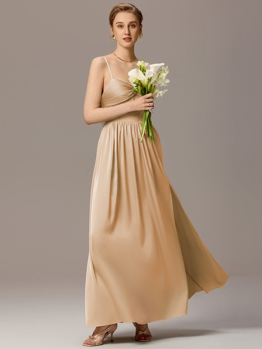 ever VERA|Satin Pleated Back-Tie Sleeveless Maxi Bridesmaid Dress