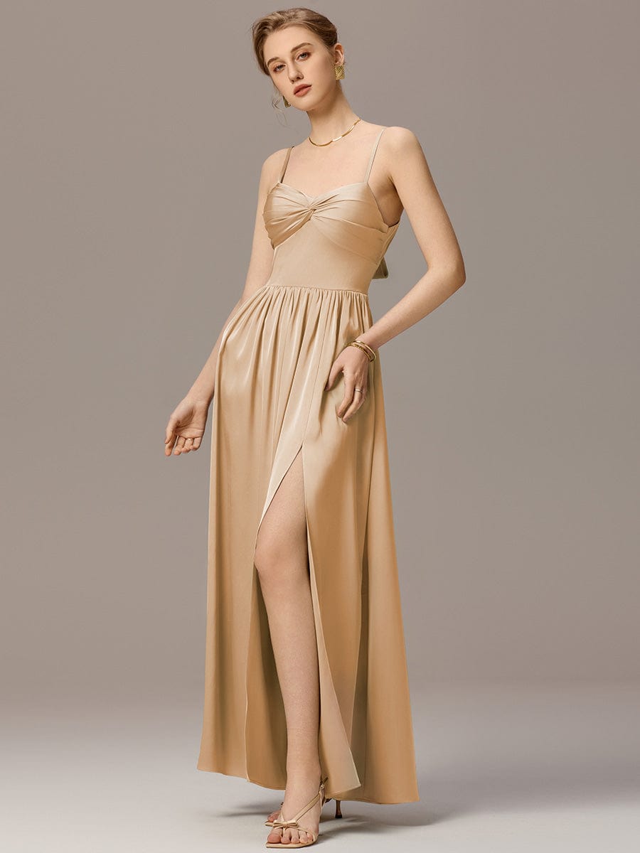 ever VERA|Satin Pleated Back-Tie Sleeveless Maxi Bridesmaid Dress