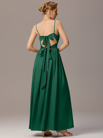 ever VERA|Satin Pleated Back-Tie Sleeveless Maxi Bridesmaid Dress