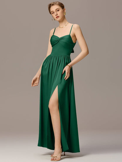 ever VERA|Satin Pleated Back-Tie Sleeveless Maxi Bridesmaid Dress