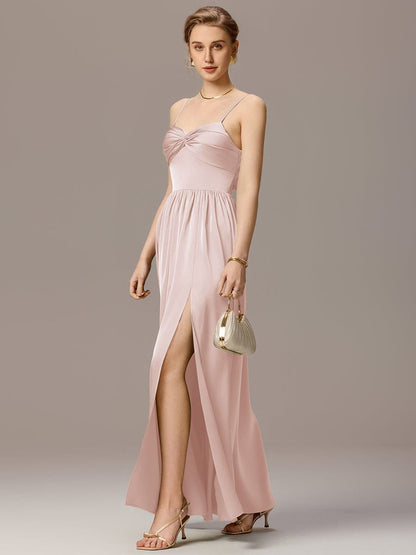 ever VERA|Satin Pleated Back-Tie Sleeveless Maxi Bridesmaid Dress