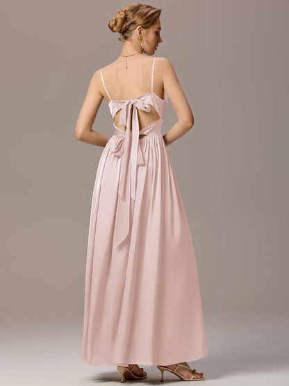 ever VERA|Satin Pleated Back-Tie Sleeveless Maxi Bridesmaid Dress