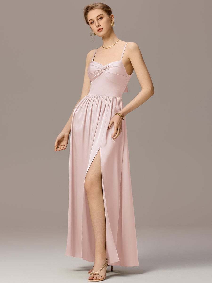 ever VERA|Satin Pleated Back-Tie Sleeveless Maxi Bridesmaid Dress