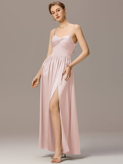 ever VERA|Satin Pleated Back-Tie Sleeveless Maxi Bridesmaid Dress