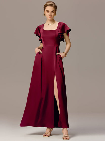 ever LIORIE|Satin Square Neck Short Sleeve Ruffled Maxi Bridesmaid Dress with Pockets